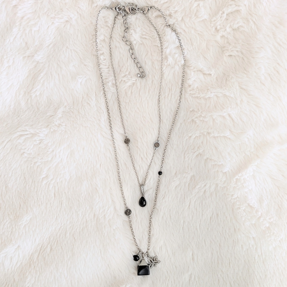 White House Black Market Genuine Black Onyx & Silver Tone 2-Strand Necklace - Picture 2 of 4